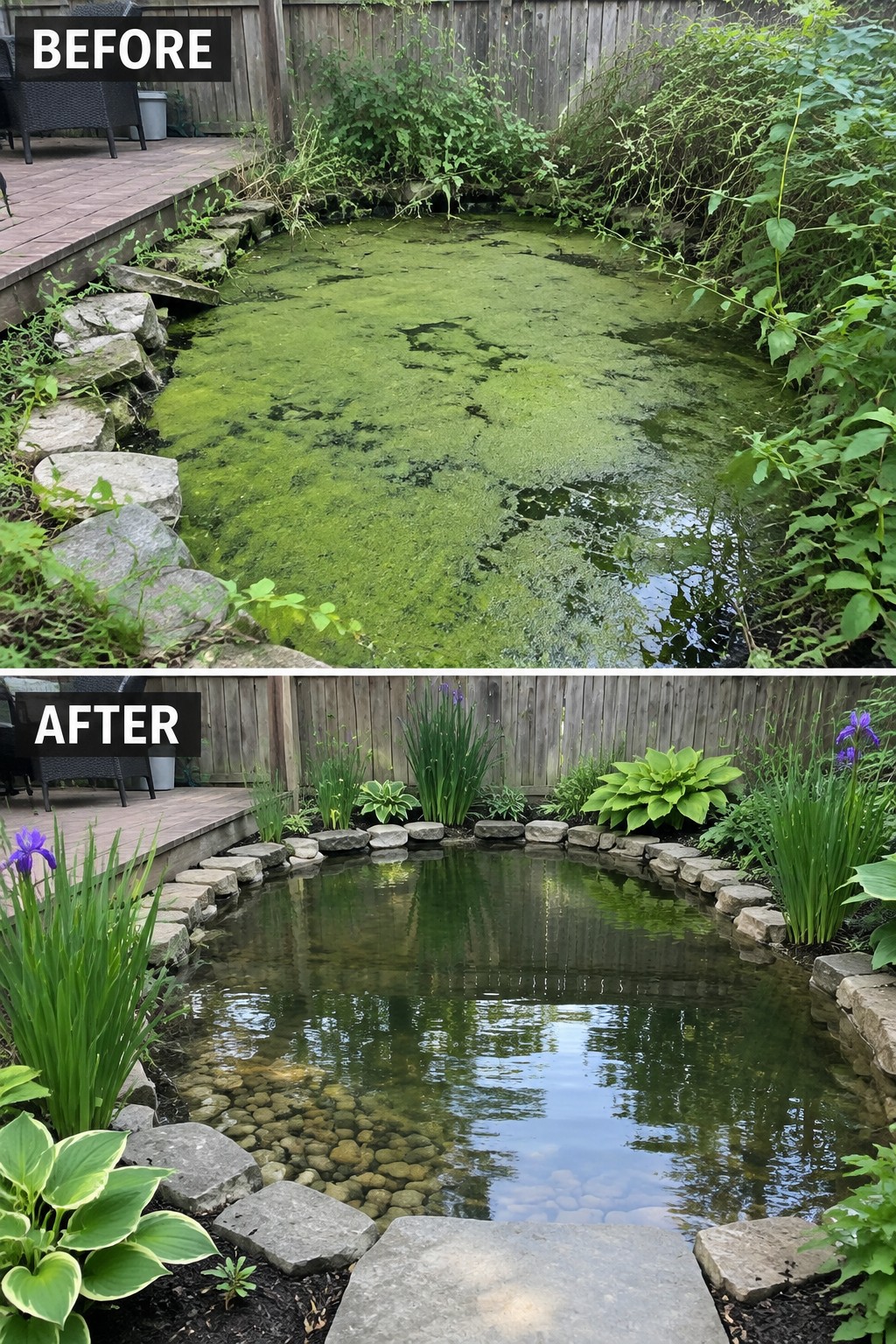 Before and after of algae-filled backyard pond transformed into clear landscaped water feature.