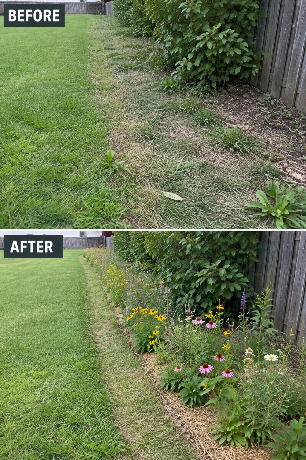 Before and after of weedy lawn edge transformed into colorful flower garden beside fence