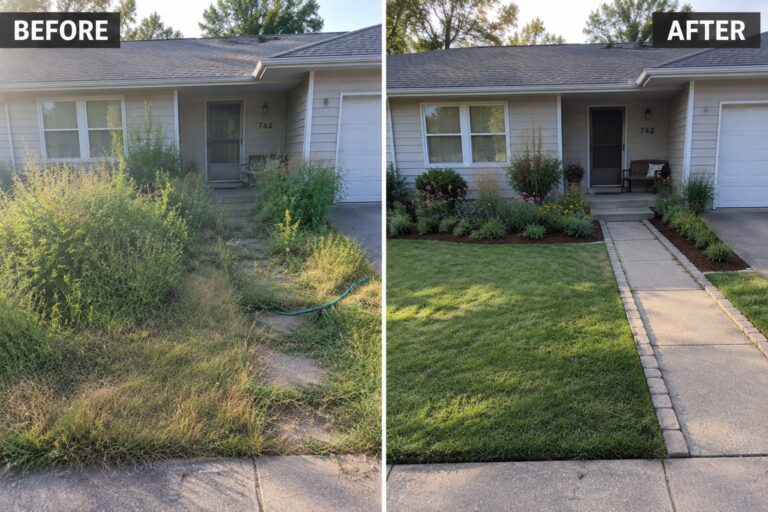 Before-and-after image of an overgrown front yard transformed into a neat lawn with mulched garden beds and structured shrubs.