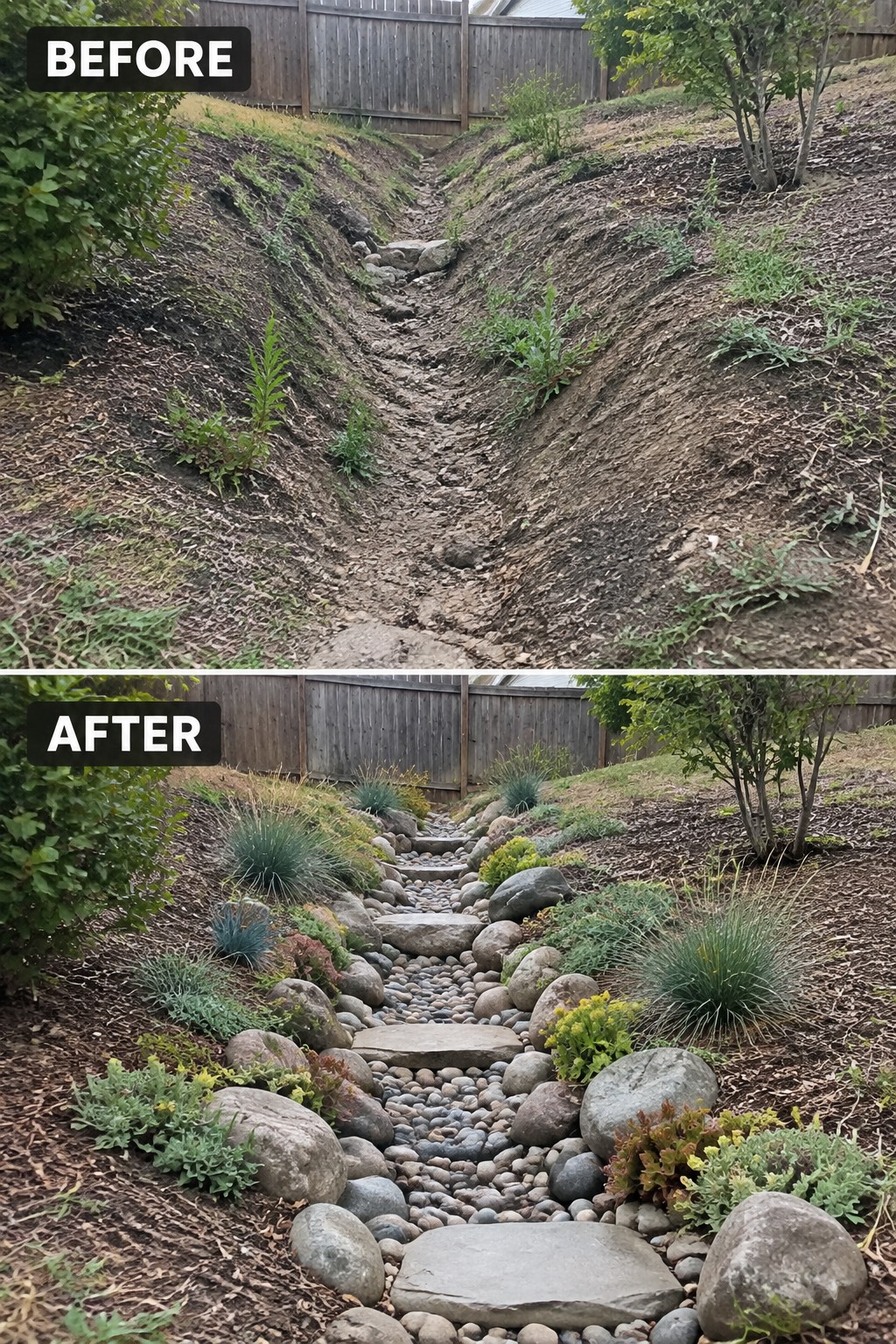 Before-and-after image of an overgrown eroded channel changed into a rock-lined dry creek bed with stepping stones and planted borders.