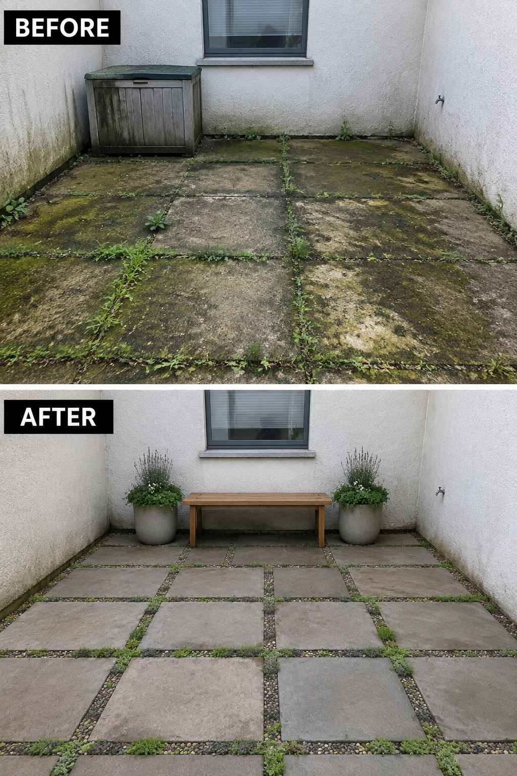 Before and after of mossy patio transformed into clean tiled courtyard with bench and plants