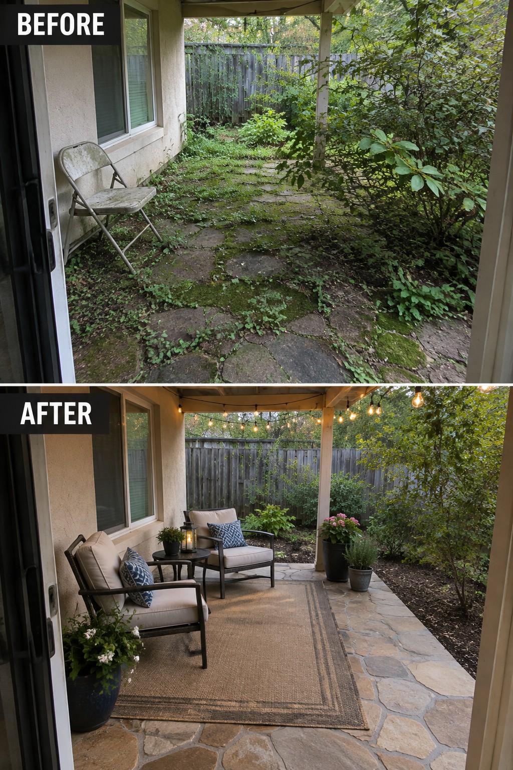 Before-and-after backyard patio: overgrown mossy stones transformed into furnished lounge with rug, lights, and plants.