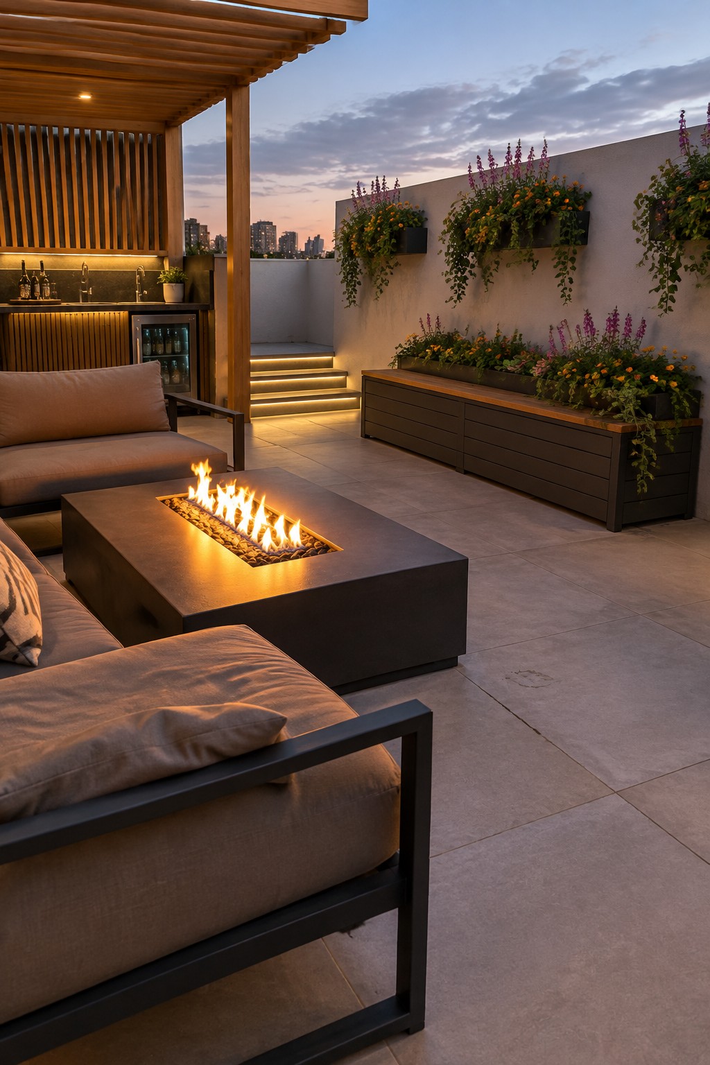 Contemporary rooftop terrace with flaming fire pit, beige sofas, and vibrant wall planters at dusk.