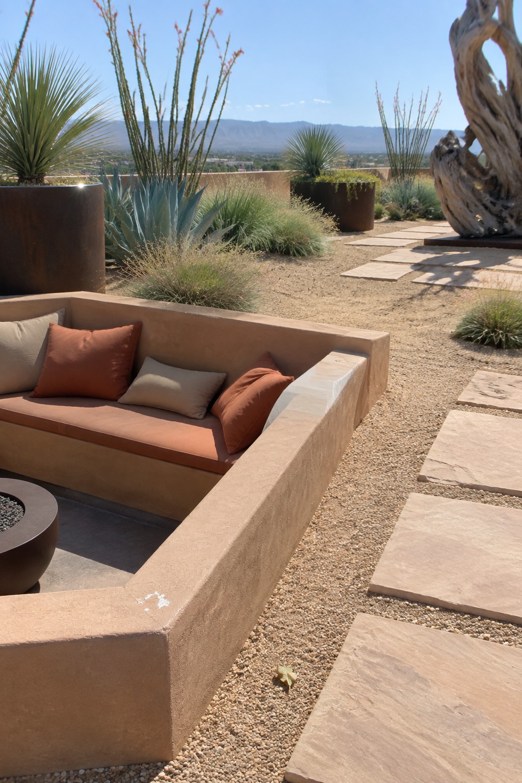 Rooftop terrace with L-shaped built-in stucco bench, terracotta and beige cushions, round metal fire pit, gravel surface, stone pavers, and large containers of desert plants.