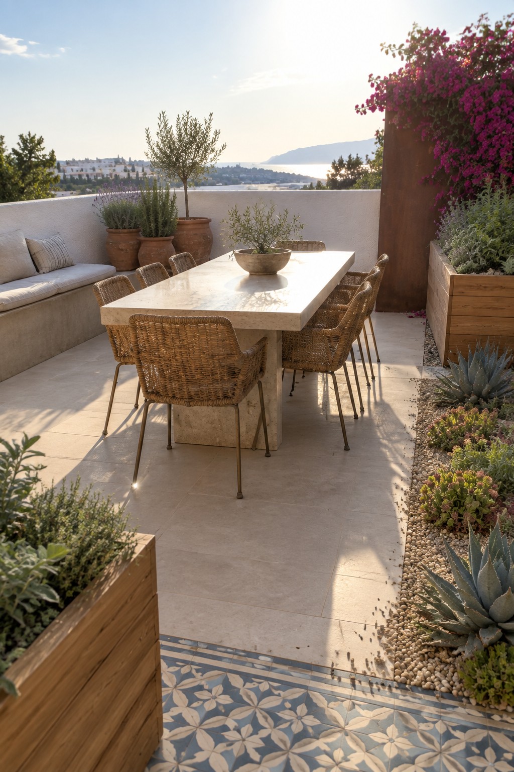 A rooftop terrace features a long stone dining table with woven chairs, surrounded by terracotta pots with small trees and lavender, plus raised wooden planters holding succulents and agaves along a gravel edge.