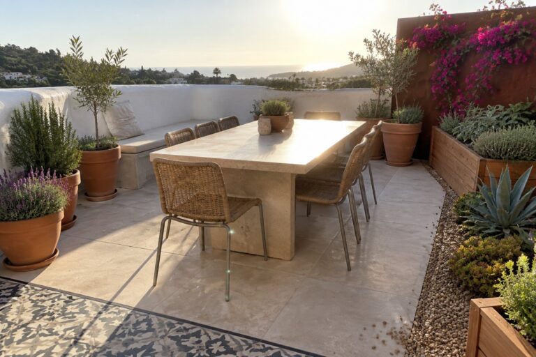 16 Practical Roof Garden Ideas for Full-Sun Rooftops Using Heat-Tolerant Plants A rooftop terrace features a long stone dining table with woven chairs, surrounded by terracotta pots with small trees and lavender, plus raised wooden planters holding succulents and agaves along a gravel edge.