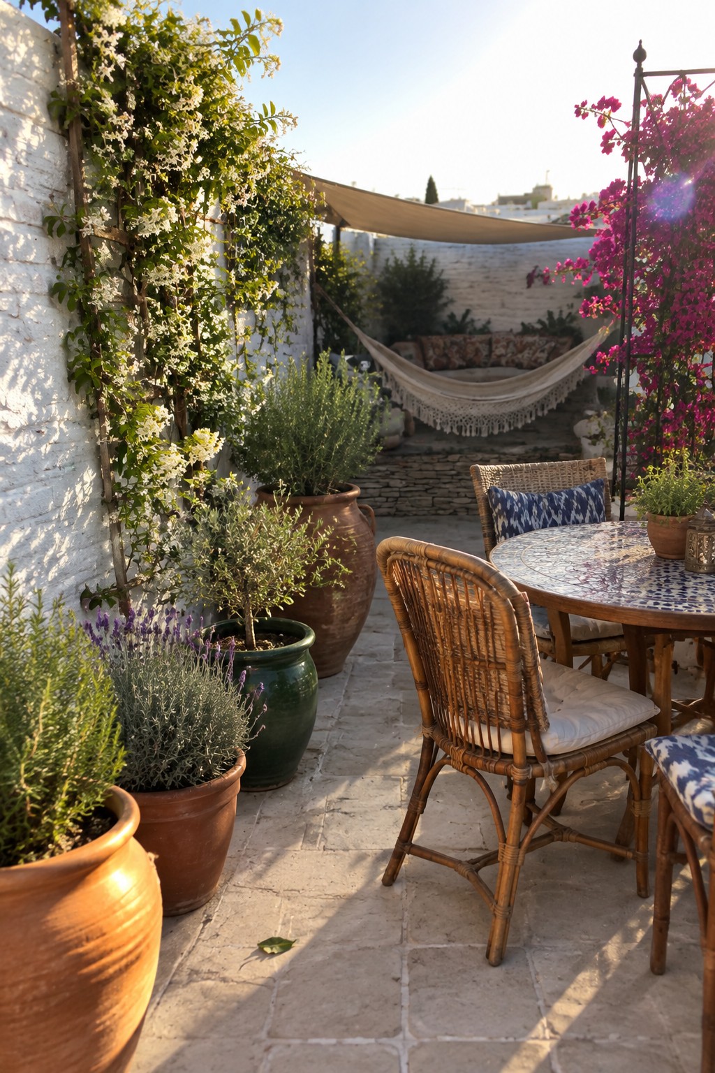 A sunny rooftop patio with wicker chairs around a table, large terracotta and ceramic pots holding lavender and flowering vines, and a hammock in the background.