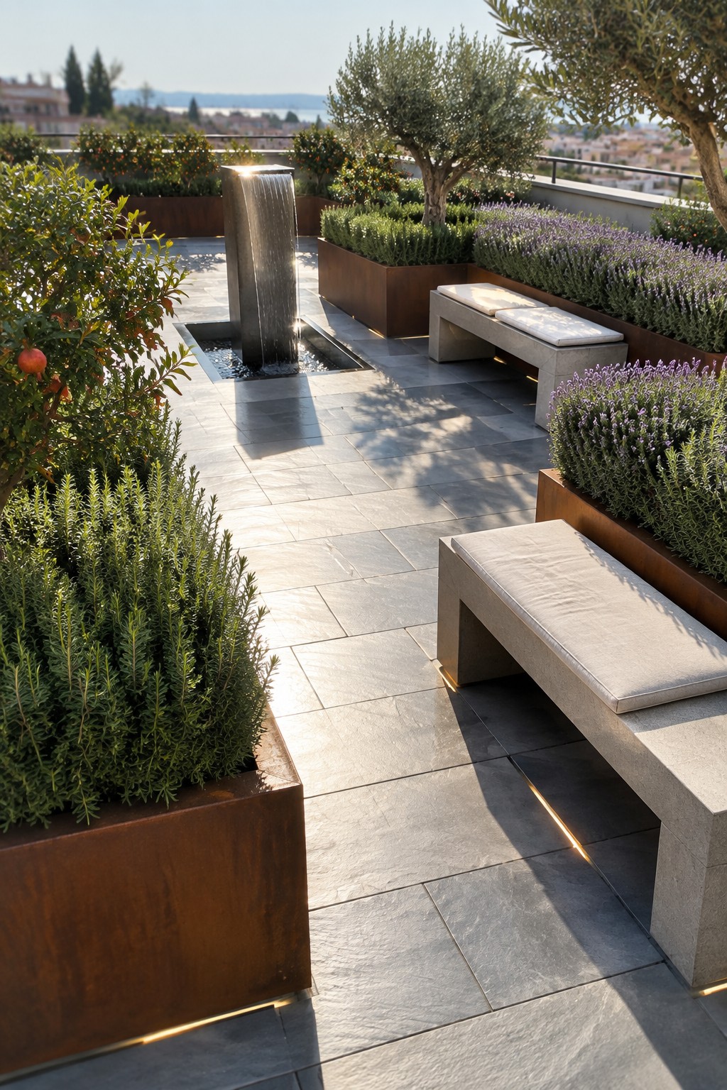 Modern rooftop terrace with stone tiles, concrete benches, metal planters, and cascading fountain.