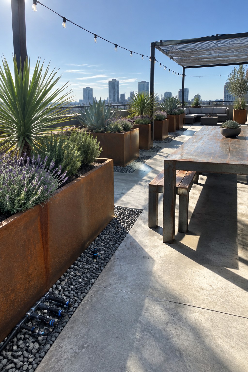 Rooftop terrace with large rusted metal planters holding various plants, a wooden table and benches, gravel strips, and a city skyline in the background.