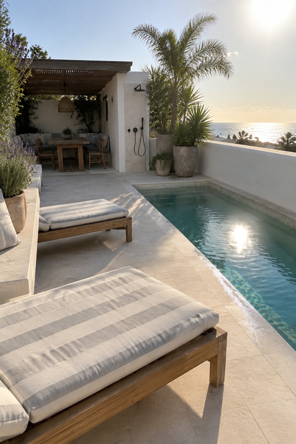 A rooftop terrace with a long pool, wooden lounge chairs with striped cushions, a shaded dining area, and several large potted palms and shrubs overlooking the sea.