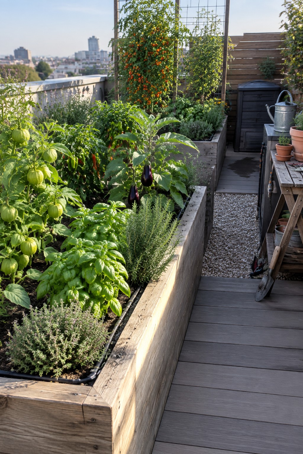 Rooftop garden with multiple wooden raised beds containing vegetable plants and herbs next to a gravel path and wooden deck.