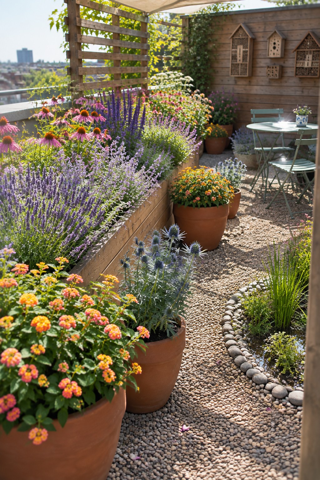 Rooftop terrace with wooden raised planters full of colorful flowers, terracotta pots, gravel path, and a small pond edged with stones.