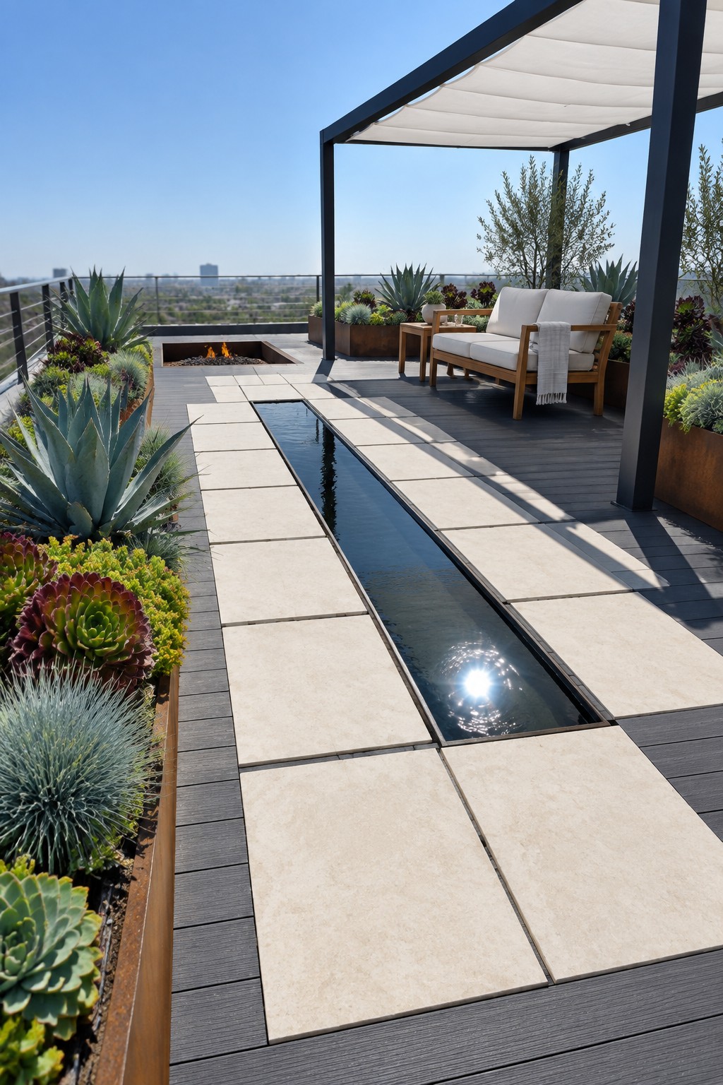 A rooftop deck with a long narrow water channel running between large light-colored tiles, bordered by metal planters filled with succulents and agaves, a wooden sofa under a shade sail, and a fire pit in the distance.