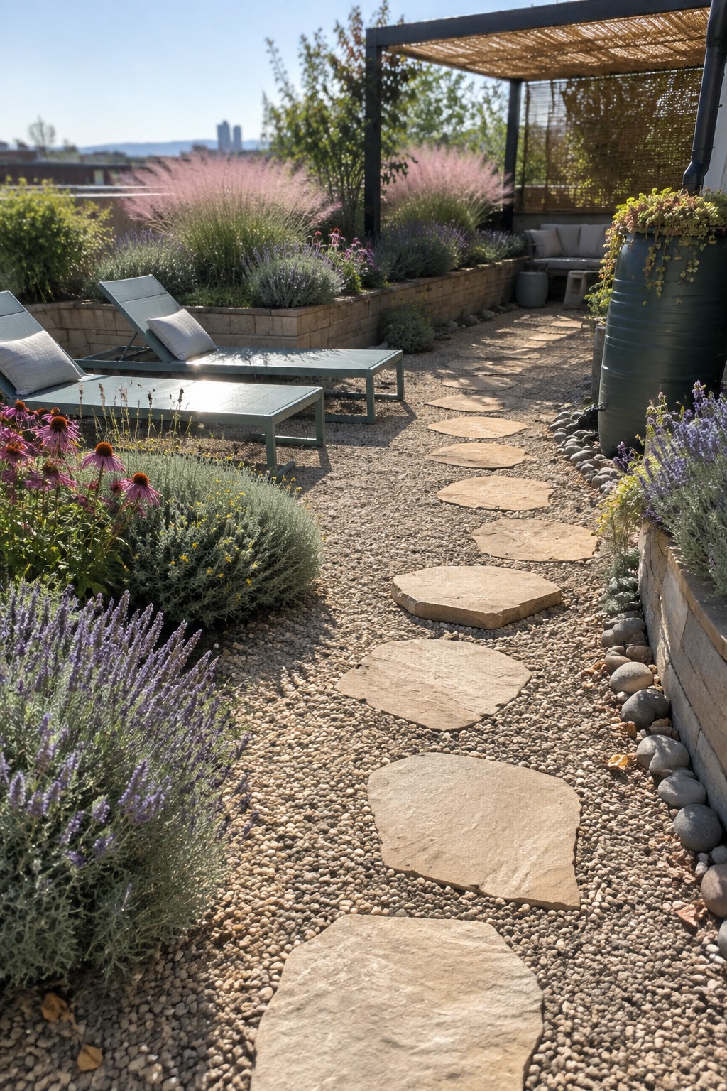 Stone path winds past lounge chairs amid purple blooms and pink grasses