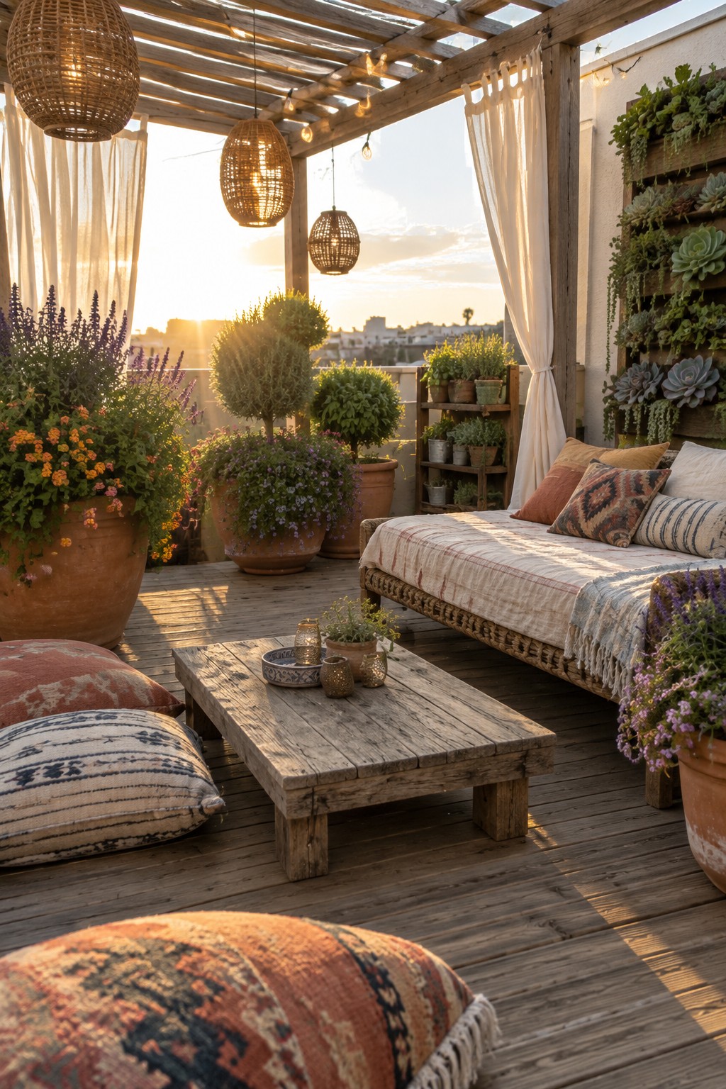 Rooftop terrace with wooden daybed, low coffee table, floor cushions, and many terracotta pots of flowering plants and succulents under a pergola with string lights.