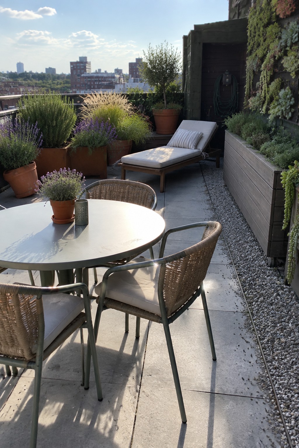 A rooftop terrace with a round dining table, wicker chairs, a lounge chair, and multiple terracotta pots filled with green and flowering plants arranged on concrete and gravel.