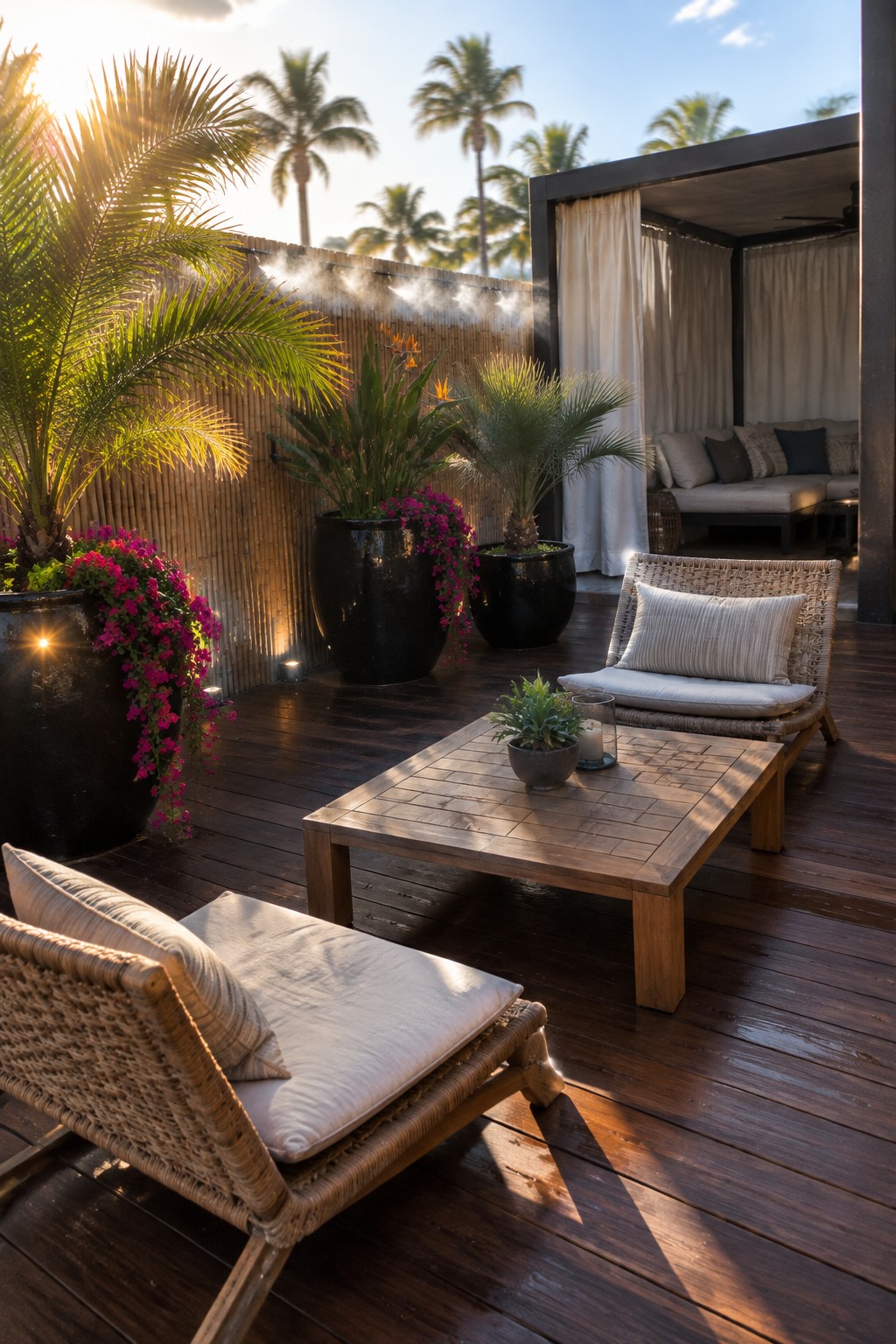 Wooden deck patio with wicker lounge chairs, a low table, and several large black pots holding tall palms and bright pink flowering plants, with a cabana structure and palm trees in the background.