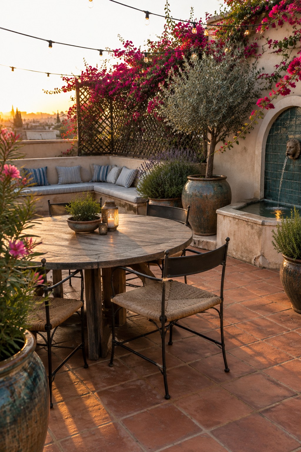 Rooftop terrace with round wooden table, black metal chairs, large ceramic pots holding an olive tree and flowering bougainvillea, built-in bench with cushions, wall fountain, and string lights at sunset.