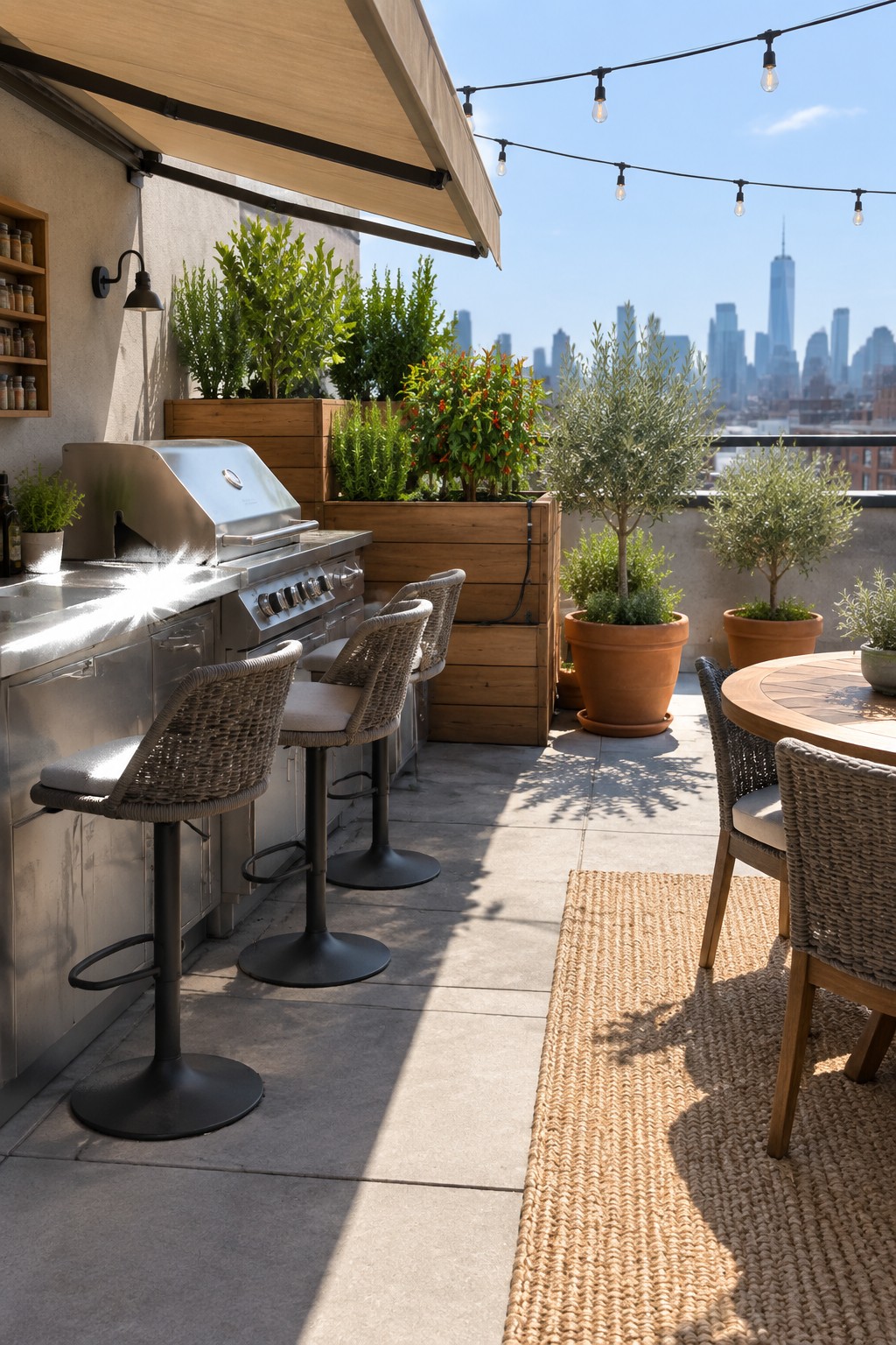 Rooftop terrace with stainless steel outdoor kitchen, woven bar stools, round wooden dining table, and multiple wooden planters plus terracotta pots holding green plants against a city skyline.