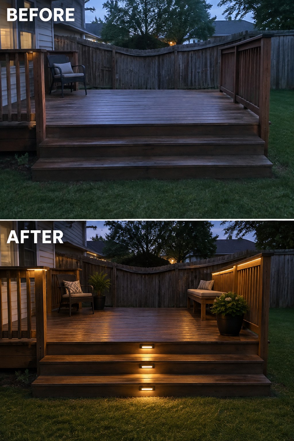 Before and after views of wooden deck with added warm LED railing and step lights.