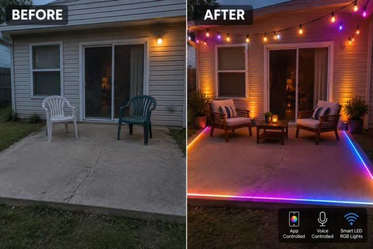 Before-and-after patio with plastic chairs upgraded to wooden furniture, string lights, and colorful LED strips
