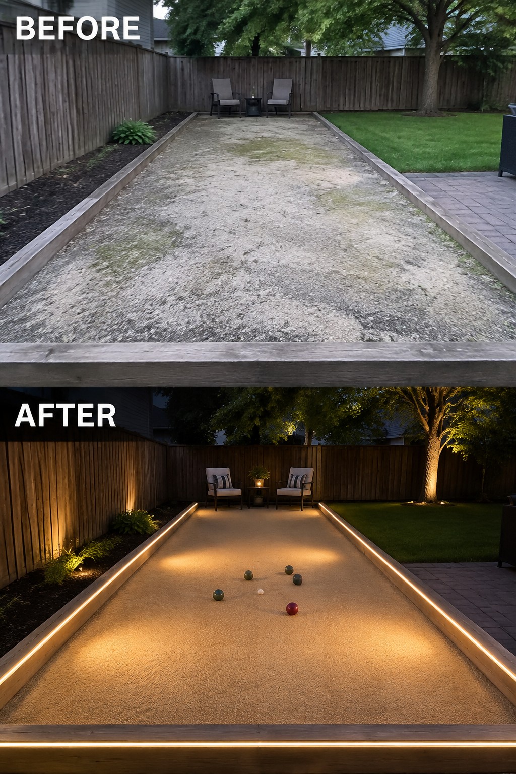 Before and after of backyard bocce court with glowing LED edge lighting