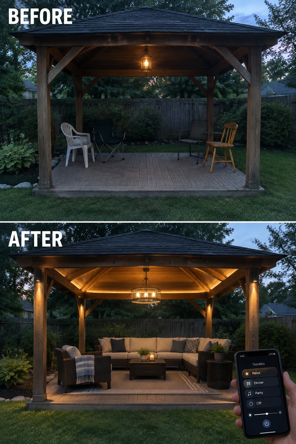 Before-and-after image of a wooden gazebo updated with layered outdoor lighting, comfortable sectional seating, and a smartphone control app.