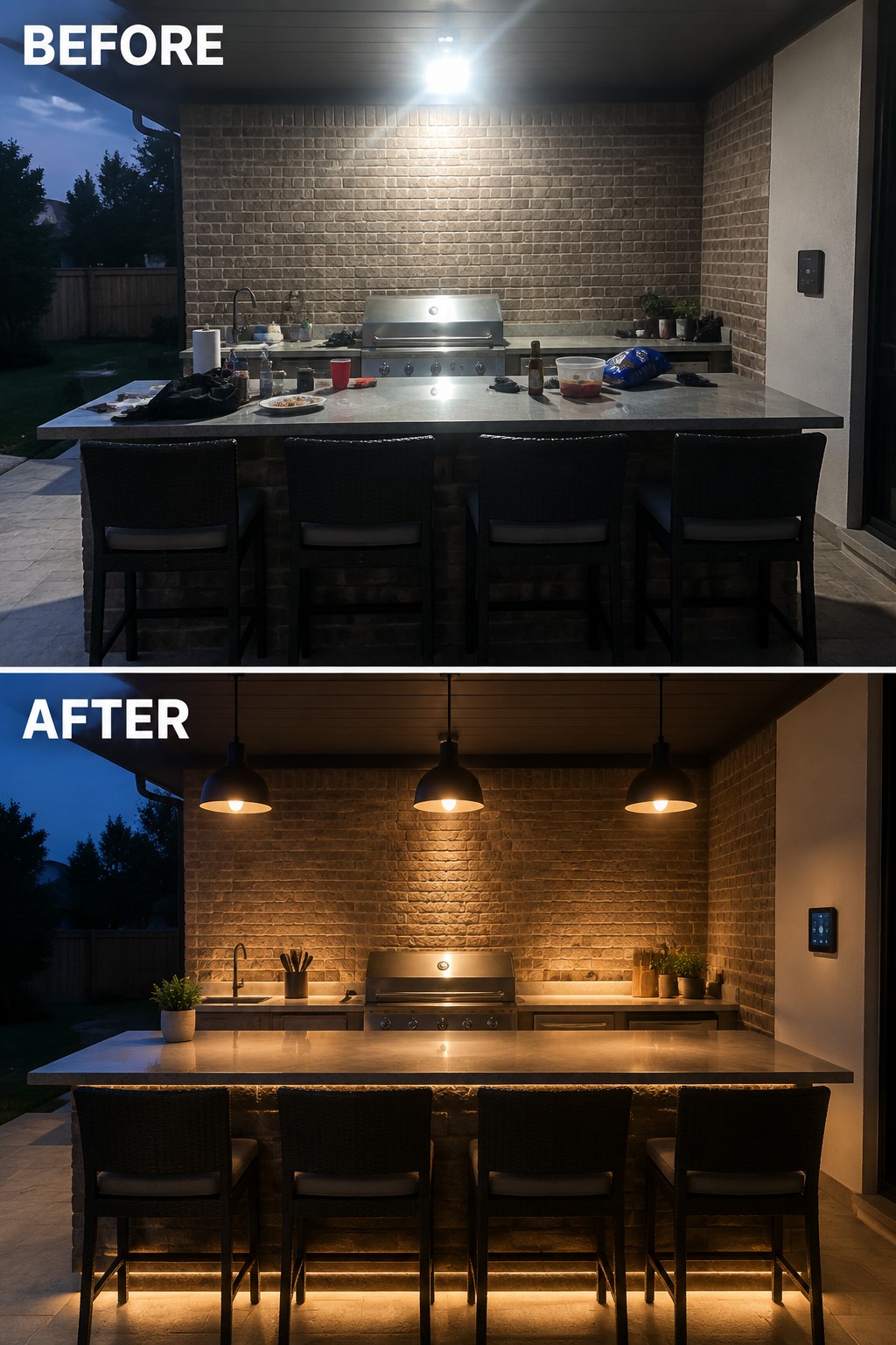 Before-and-after image of an outdoor kitchen bar showing a single overhead light replaced with three pendant lights and under-bar LED strip lighting.