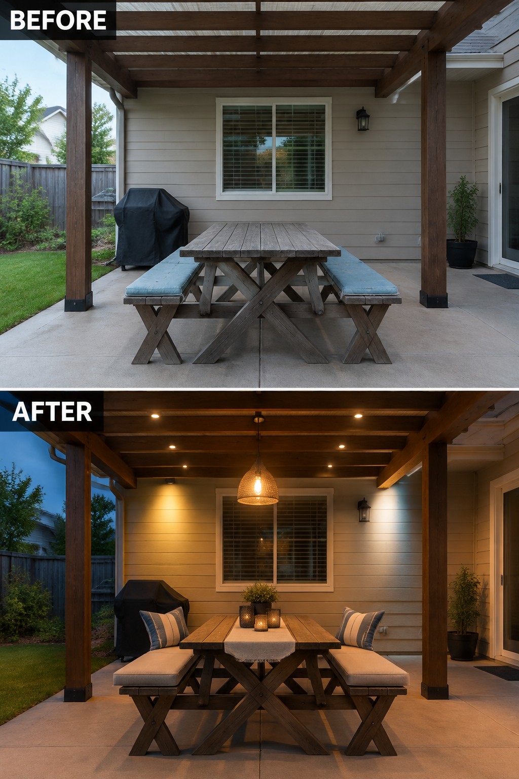 Before and after patio with picnic table, cushions, and evening string lights