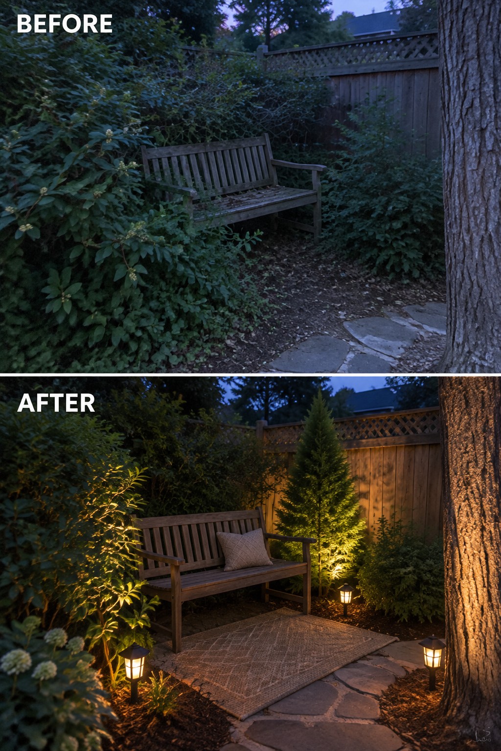 Before and after of wooden bench in overgrown garden vs landscaped with lights and rug