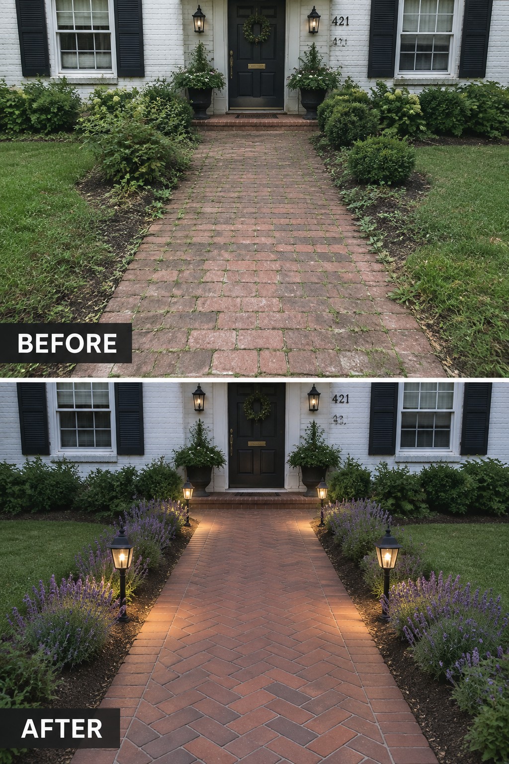 Before and after of brick walkway to house with added lights and purple flowers