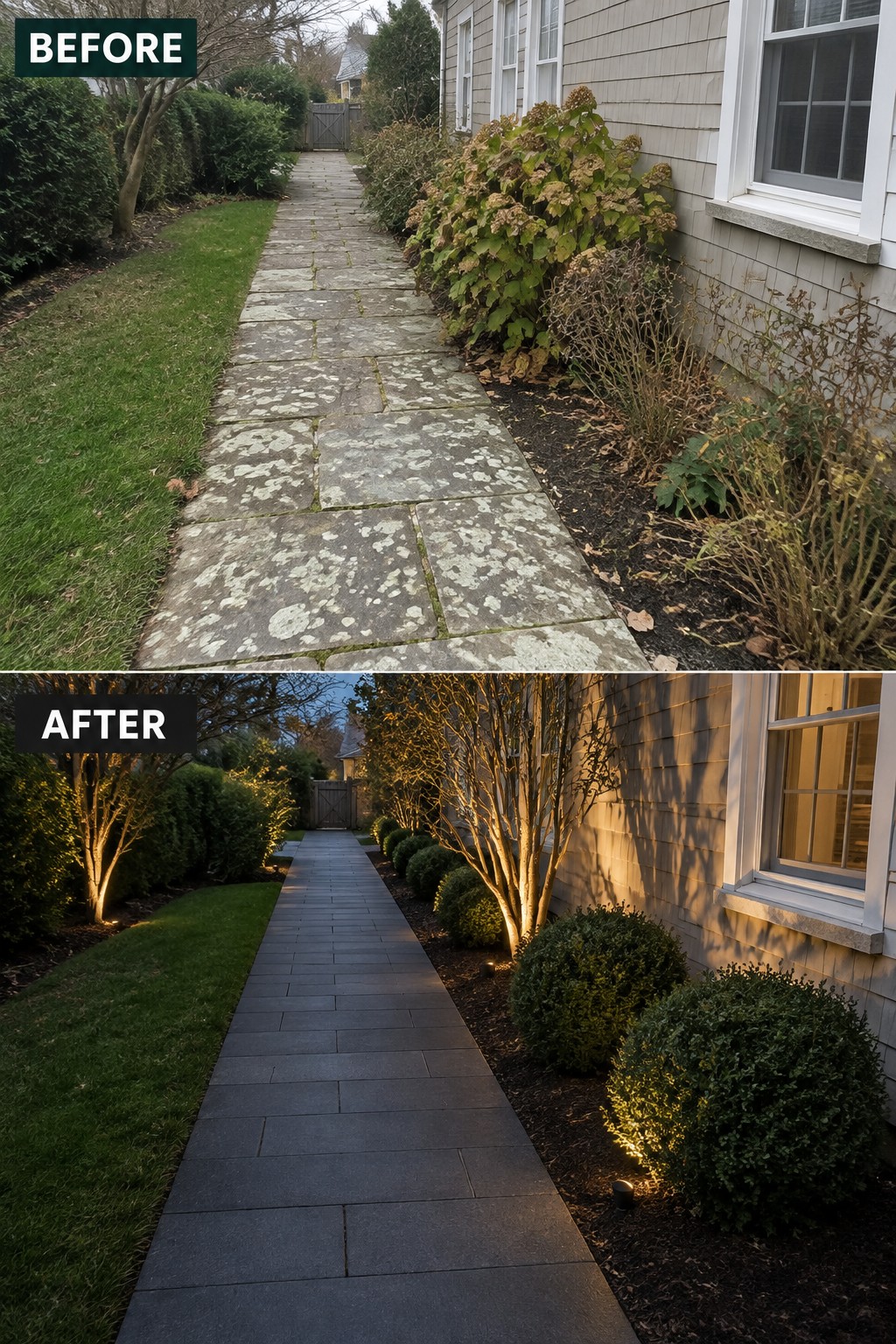 Before and after of mossy stone path upgraded to dark pavers with lighting and trimmed shrubs.