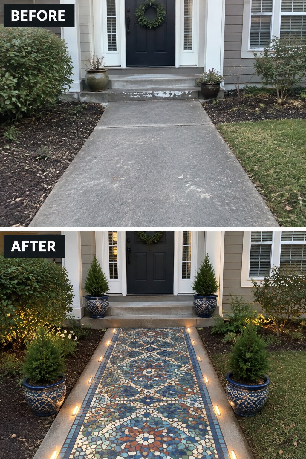 Before-and-after front path from gray concrete to colorful mosaic tiles edged with lights.