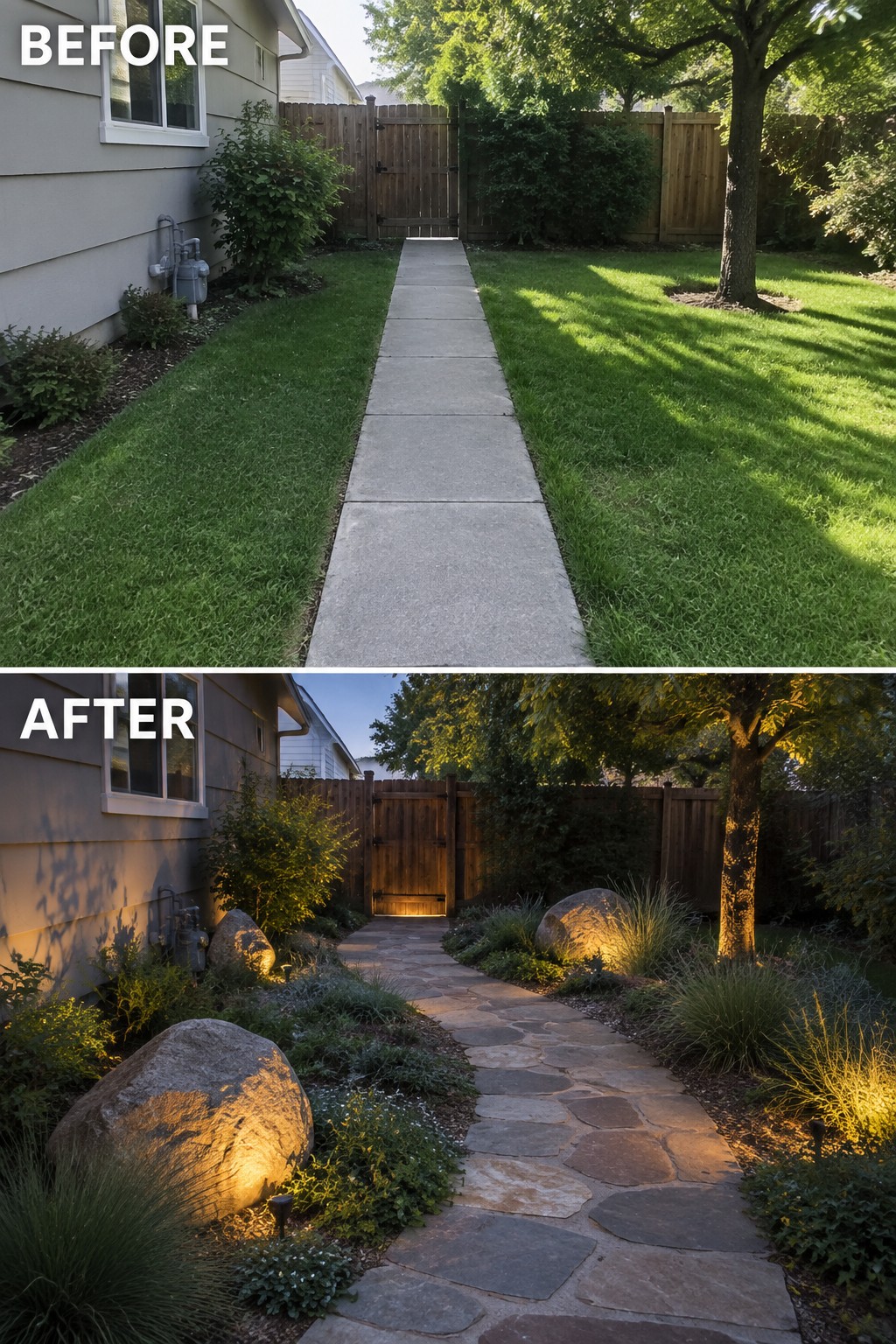 Before and after backyard path from plain concrete to lit flagstone with landscaping