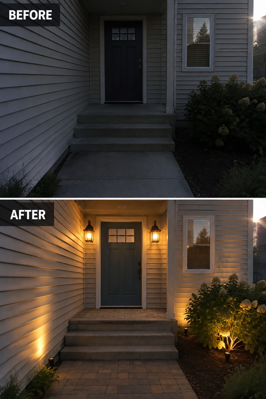 Before and after of front entrance with added wall lanterns, path lights, and brick pavers