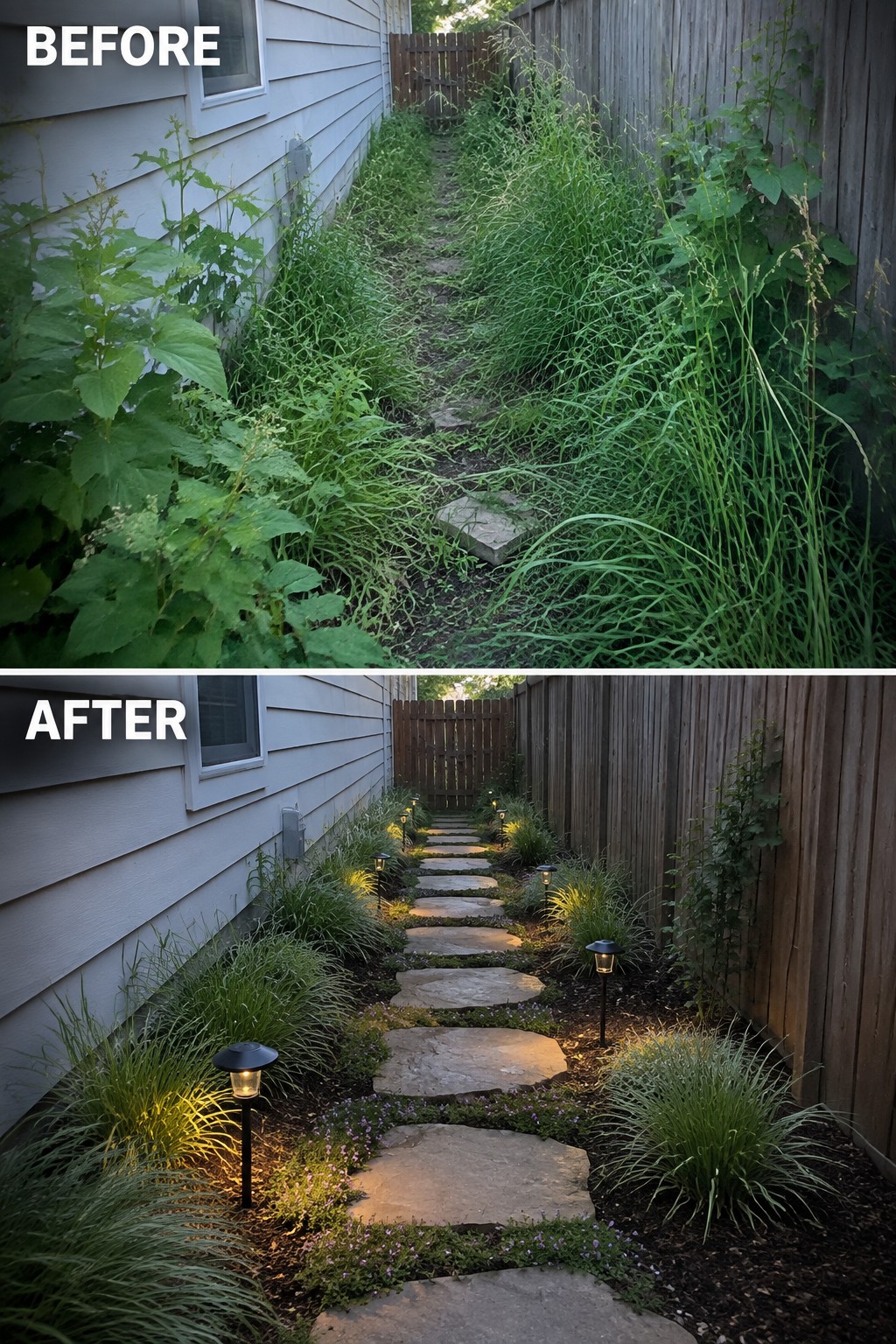 Before-and-after image of an overgrown side yard path changed into a clean stone walkway lined with landscape lighting and trimmed plant beds.