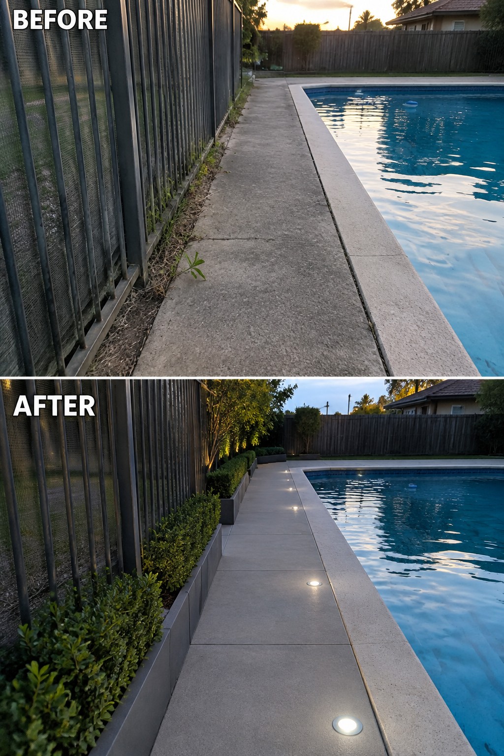 Before and after of pool walkway with added plants, planters, and pathway lights.