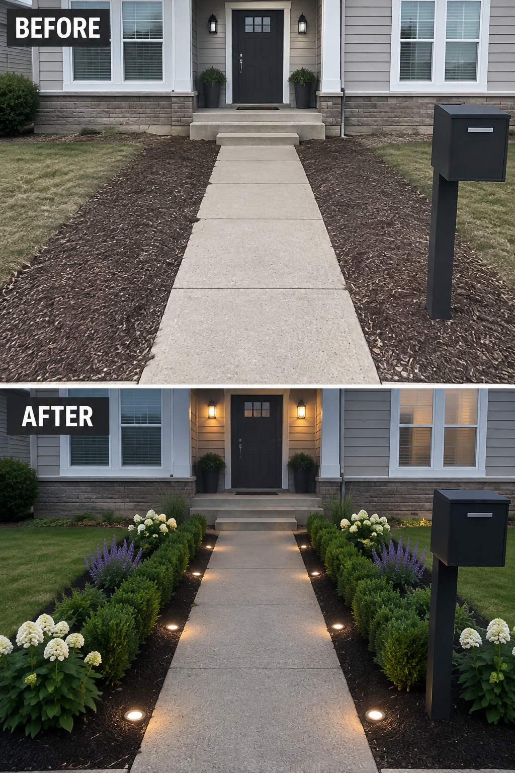 Before-and-after image of a front walkway updated with planted garden borders and low landscape lighting.