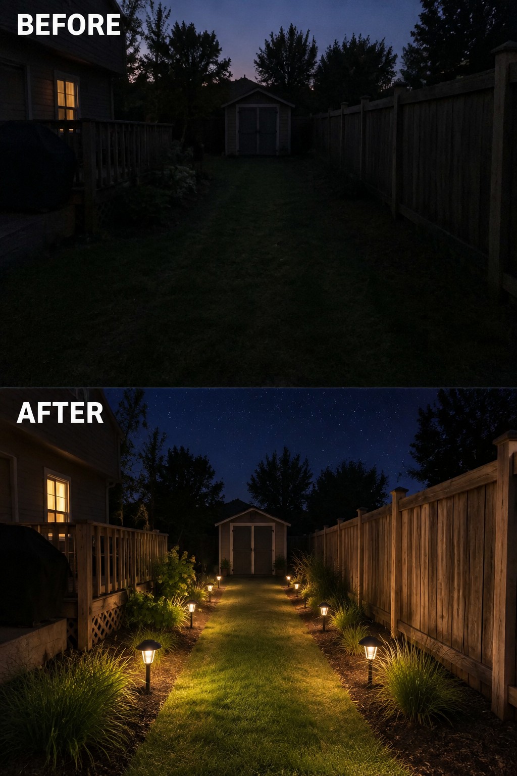 Before-and-after image of a dark backyard walkway at night transformed by adding landscape path lights along both sides.