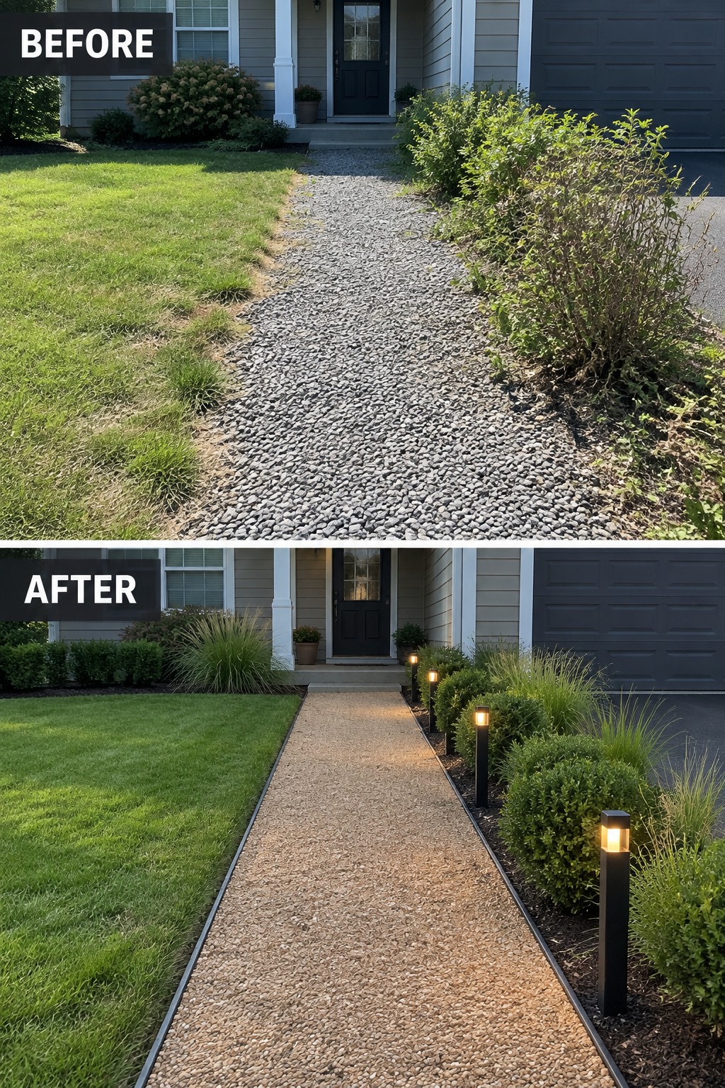 Before-and-after image of a front walkway showing an uneven gravel path with overgrown shrubs changed to a defined path with edging, trimmed plantings, and added landscape lighting.