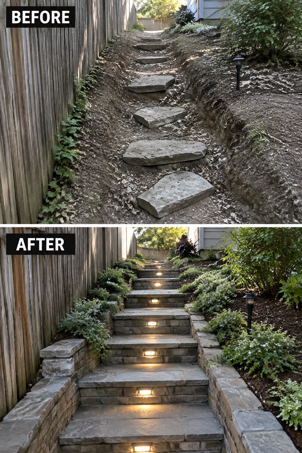 Before and after of dirt path upgraded to lit stone stairs with landscaping