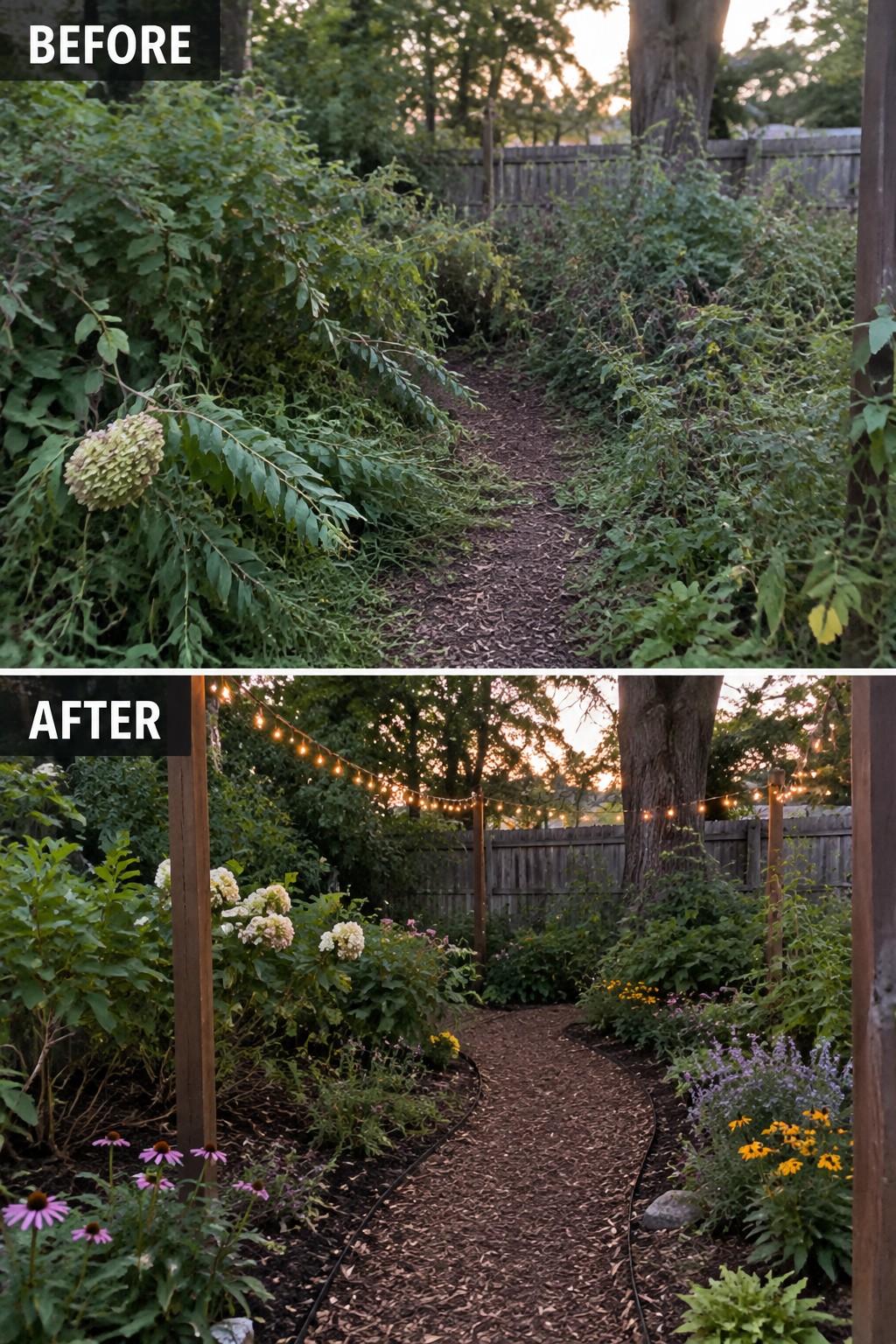 Before-and-after image of an overgrown garden path cleaned up and lined with string lights, mulch edging, and flowering plants.