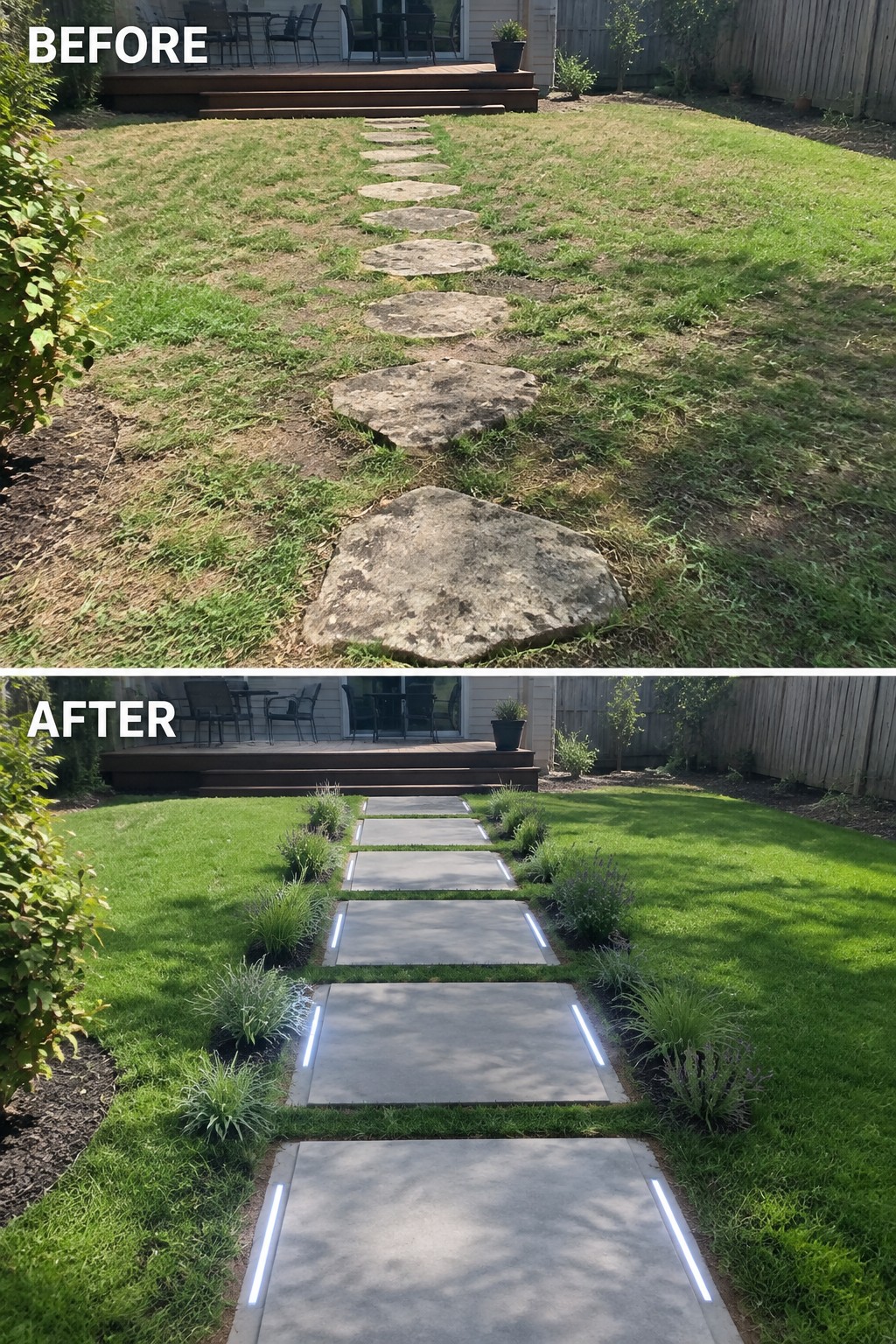 Before and after backyard path from uneven stones to lit rectangular pavers