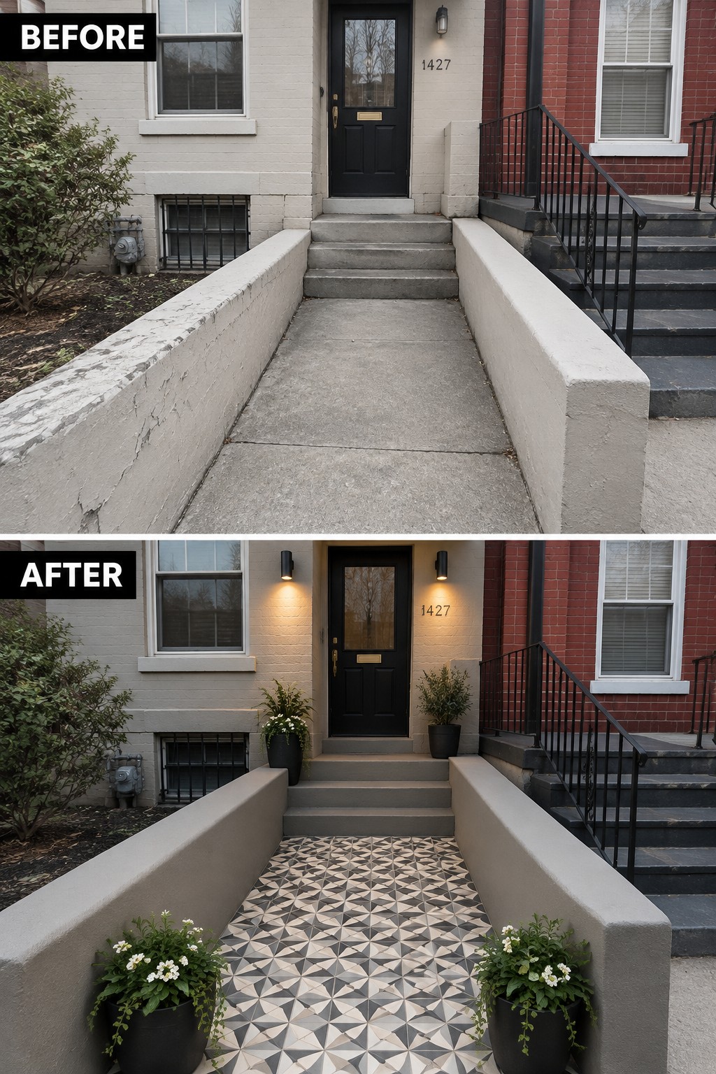 Before and after of a home entrance with patterned tile walkway and potted plants.