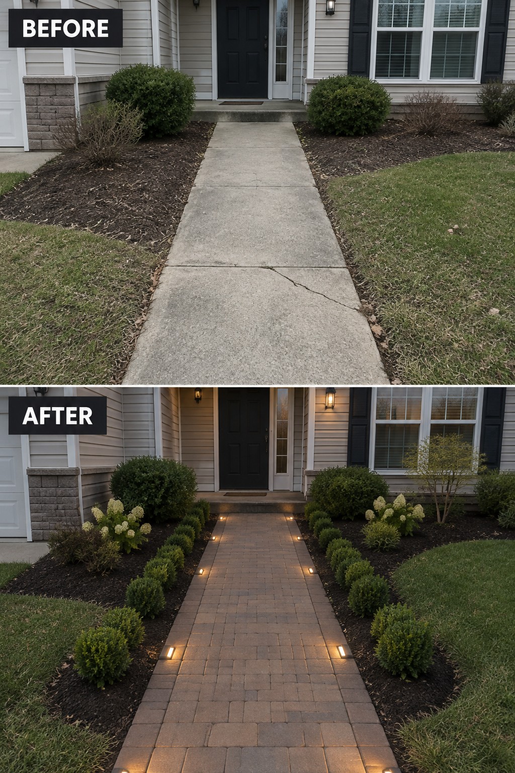 Before and after of cracked concrete walkway upgraded to illuminated paver path with landscaping.