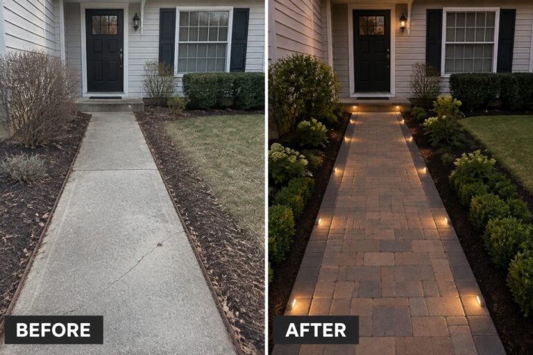 18 Stylish Walkway Makeover Ideas With Landscape Lighting Before and after of cracked concrete walkway upgraded to illuminated paver path with landscaping.