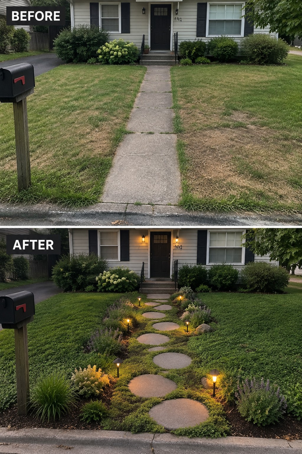 Before and after of house front yard: straight concrete path transformed into lit stepping-stone garden walkway