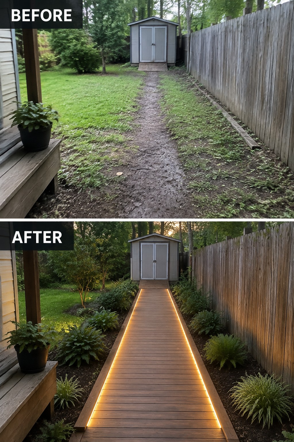Before muddy path to shed, after lit wooden walkway with landscaping.