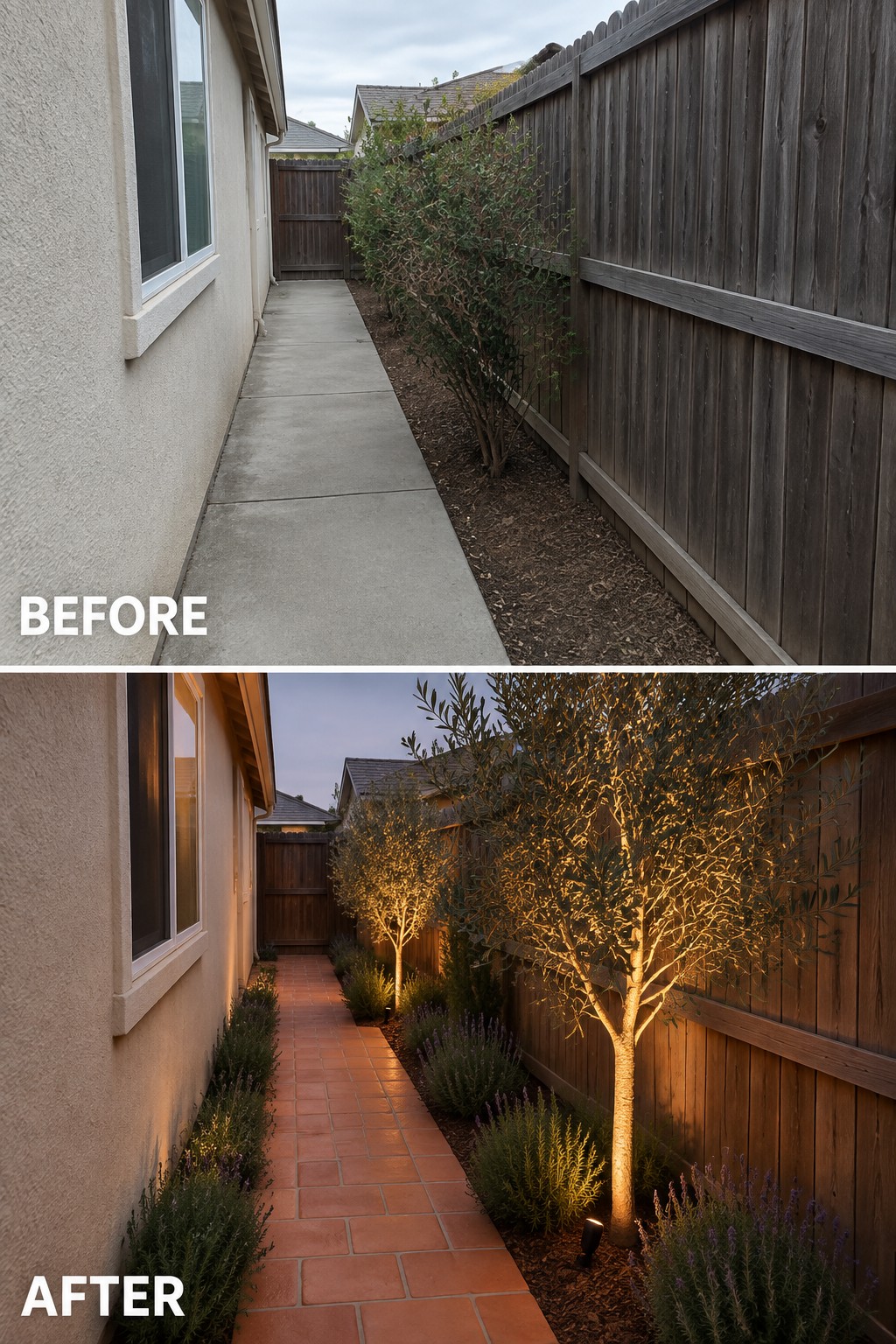 Before and after of narrow side yard: concrete path upgraded with brick, plants and lights.