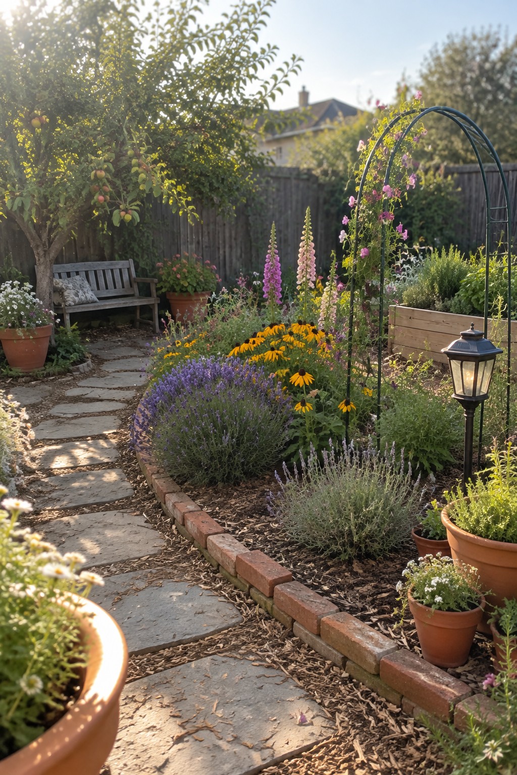Stone path winds through garden with lavender, yellow blooms, rose arch, and potted plants.